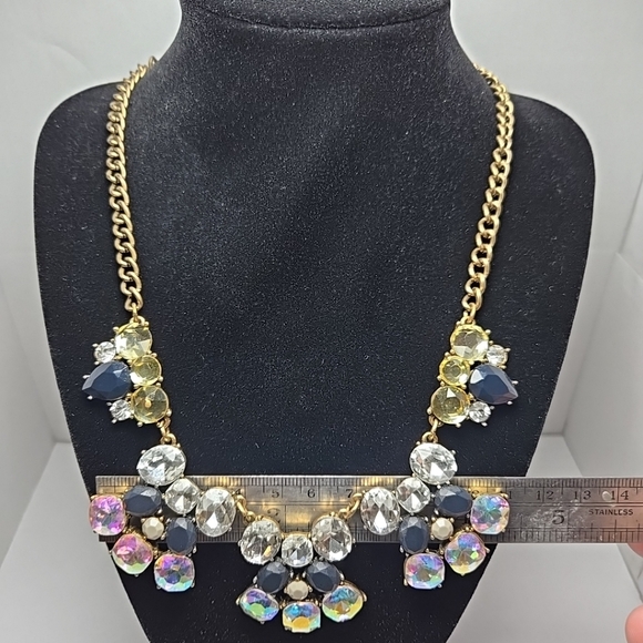 J CREW Faceted Crystals Gold Tone Statement Bib Chain Necklace Navy Adjustable - Picture 4 of 8